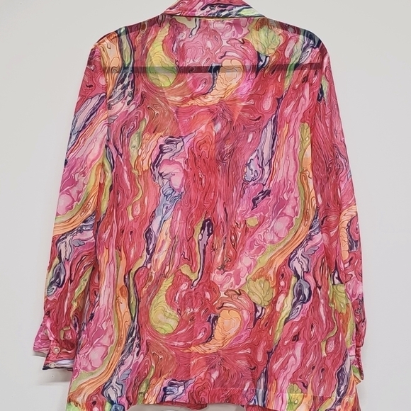 Vtg Carol Henry 70s Vibrant Marbled Sheer Button Up, LS, Large, Pink Blue Orange - Picture 5 of 10